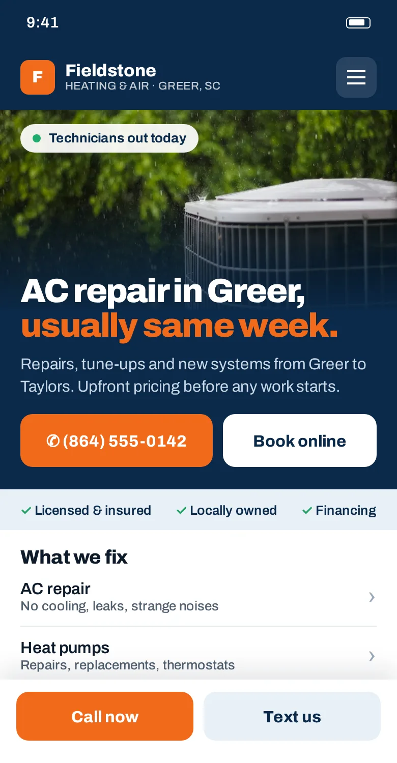 Sample phone layout for an HVAC company, with a tap-to-call bar and same-week AC repair