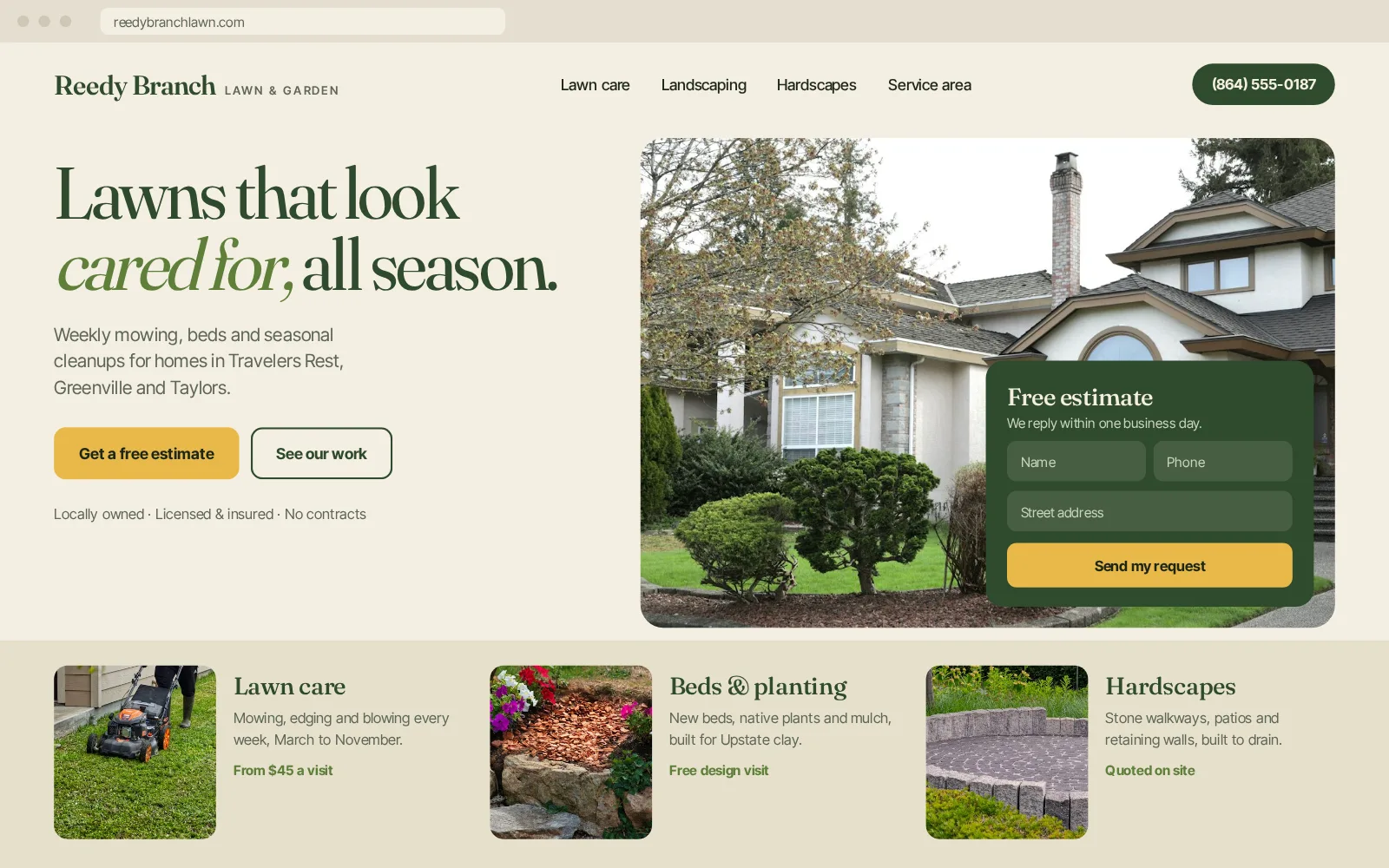 Sample homepage for a landscaping company, with a seasonal services list and an estimate form