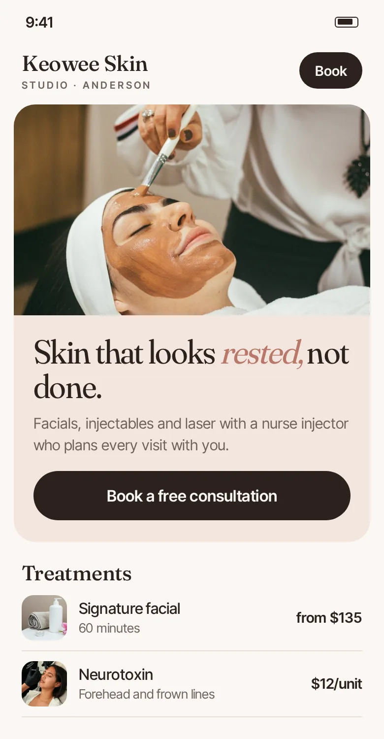 Sample phone layout for a med spa, with treatments, prices and an online booking button