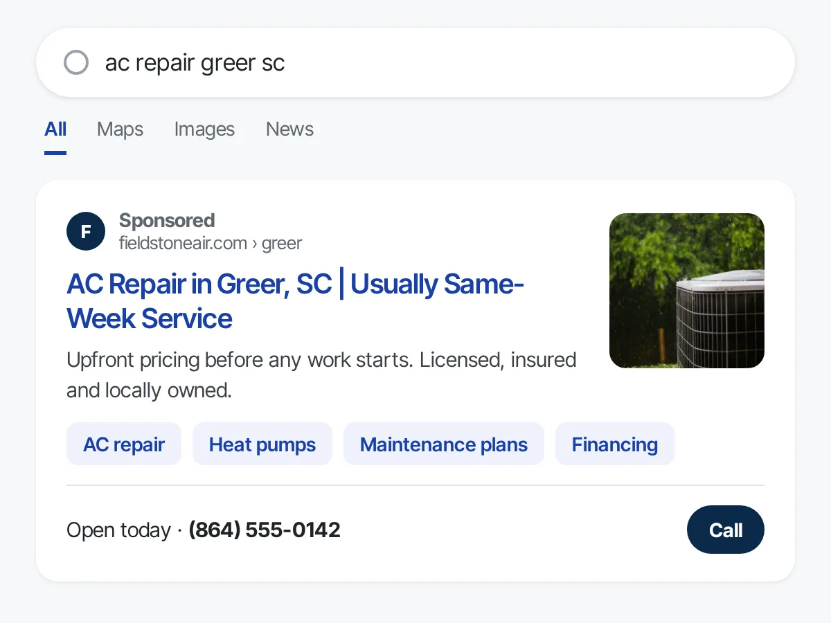 Sample search ad for an HVAC company in Greer, SC, with a call button and same-week service
